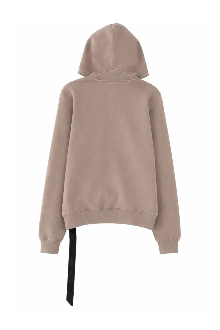 Back view of drkshdw men’s felpa gimp brown beige hooded sweatshirt with black ribbon tied at back hem