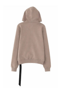 Back view of drkshdw men’s felpa gimp brown beige hooded sweatshirt with black ribbon tied at back hem