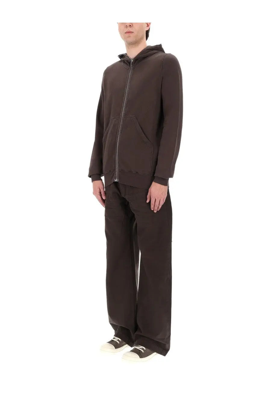 Drkshdw men’s felpa gimp brown dark brown zip-up hoodie with hood and front pockets paired with matching wide-leg pants