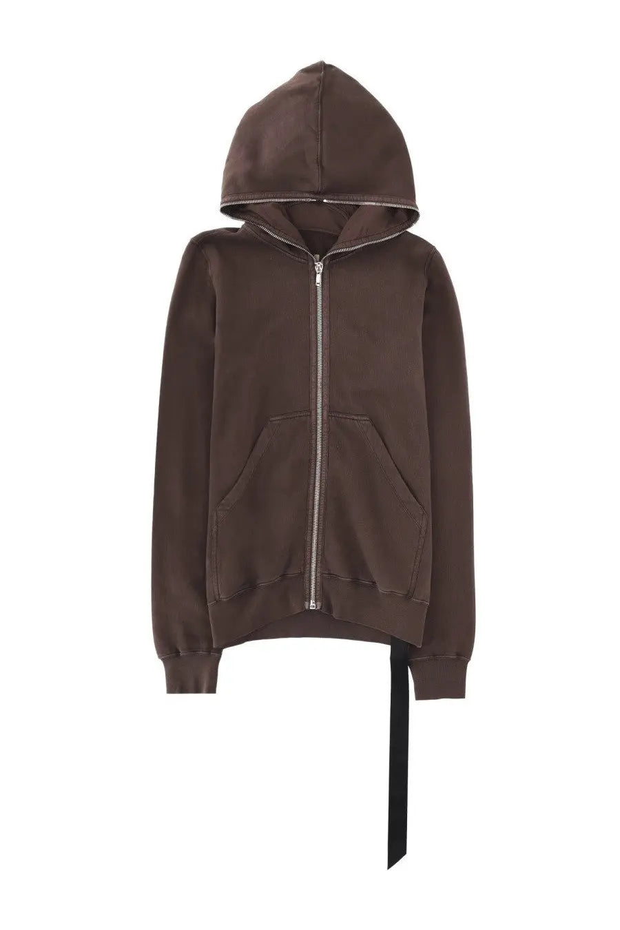 Drkshdw men’s brown felpa gimp hooded zip-up sweatshirt with silver zipper and black drawstring hem hanging