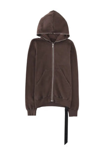 Drkshdw men’s brown felpa gimp hooded zip-up sweatshirt with silver zipper and black drawstring hem hanging