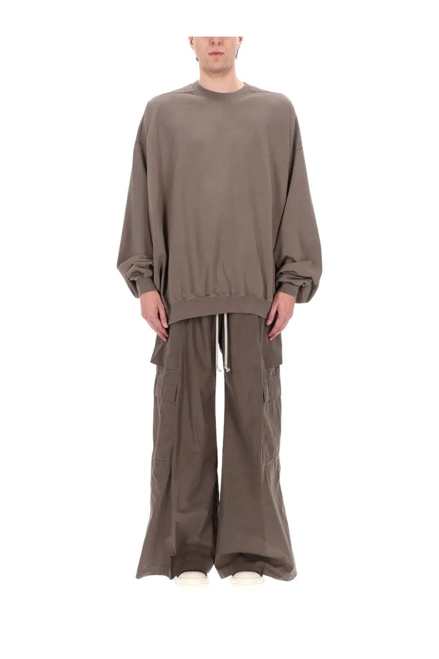 Olive green oversized sweatshirt with long sleeves ribbed cuffs made of beige cotton in drkshdw men’s felpa hun crewneck style