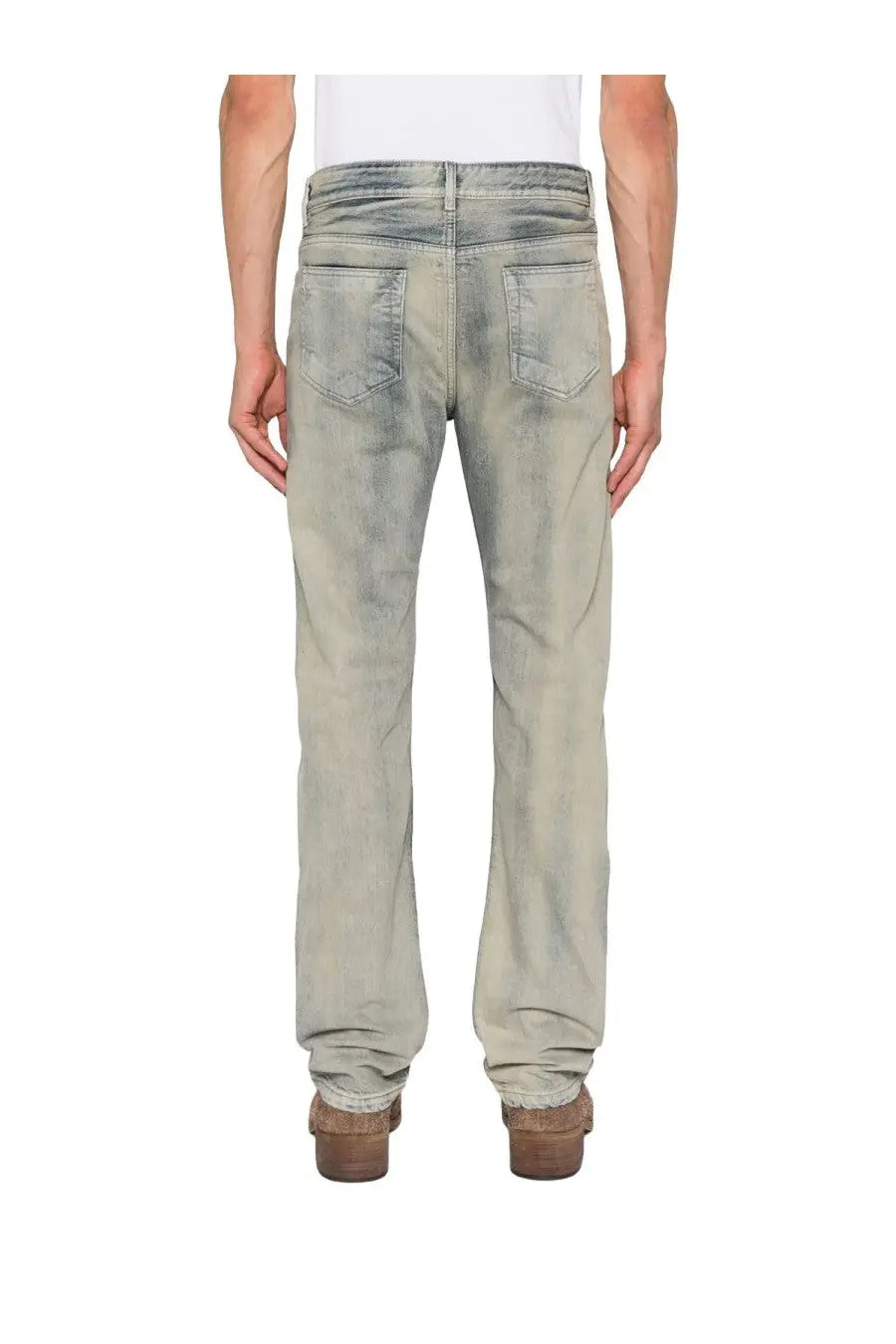 Washed gray denim DRKSHDW men’s fog cut jeans blue with faded distressed finish and classic back pockets shown from back