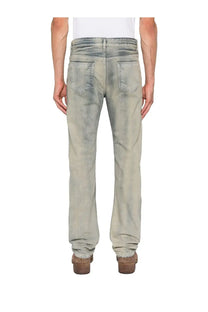 Washed gray denim DRKSHDW men’s fog cut jeans blue with faded distressed finish and classic back pockets shown from back