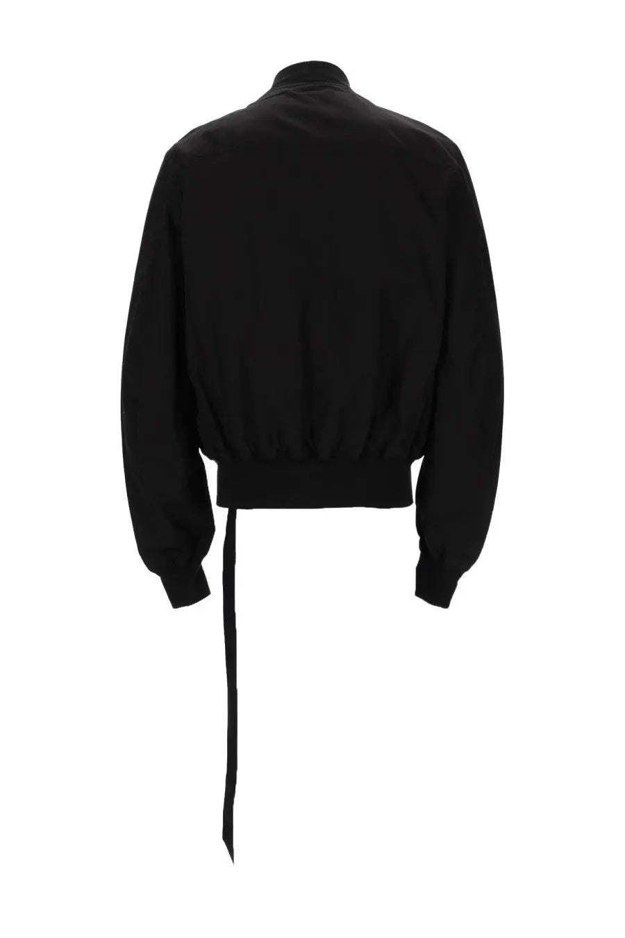 Drkshdw men’s giacca bomber bauhaus flight black jacket with ribbed hem and long drawstring tail shown from the back