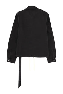 Drkshdw men’s black long-sleeved shirt with collar and tie-back detail shown from the back side