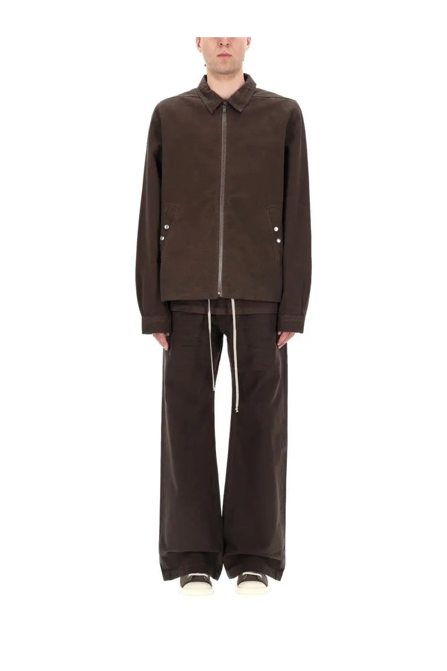 Dark brown zip-up jacket for men by drkshdw featuring silver-toned zipper and button details