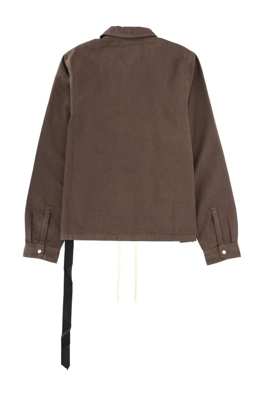 Brown drkshdw men’s giacca zipfront utility jacket with collar long sleeves and black tie on the back waistline viewed from back
