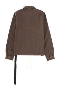 Brown drkshdw men’s giacca zipfront utility jacket with collar long sleeves and black tie on the back waistline viewed from back