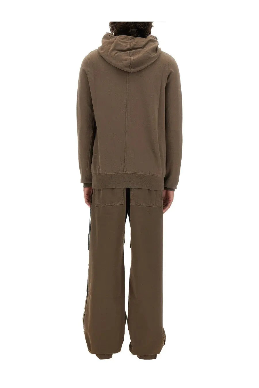 Drkshdw men’s gimp sweatshirt beige in muted olive green with a hood, central seam, ribbed cuffs, and matching striped pants