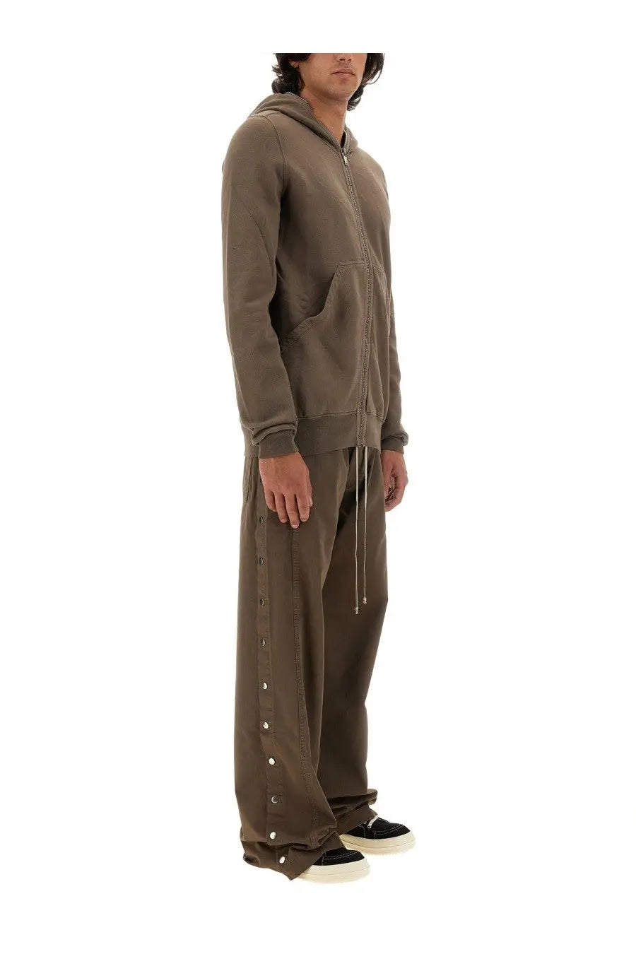 Drkshdw men’s gimp sweatshirt beige muted olive green zip-up hoodie with matching drawstring pants and button detailing
