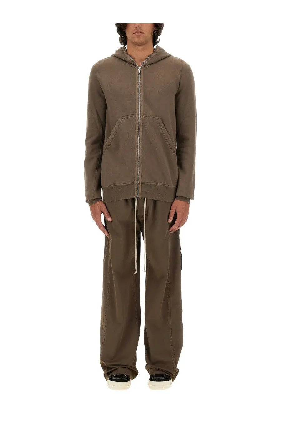 Drkshdw men’s gimp sweatshirt beige with muted olive green zip-up hoodie hood front pockets ribbed cuffs and hem