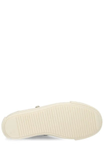 Back view of drkshdw men’s high denim sneaker black showing cream-colored rubber sole with ribbed texture and metallic accent