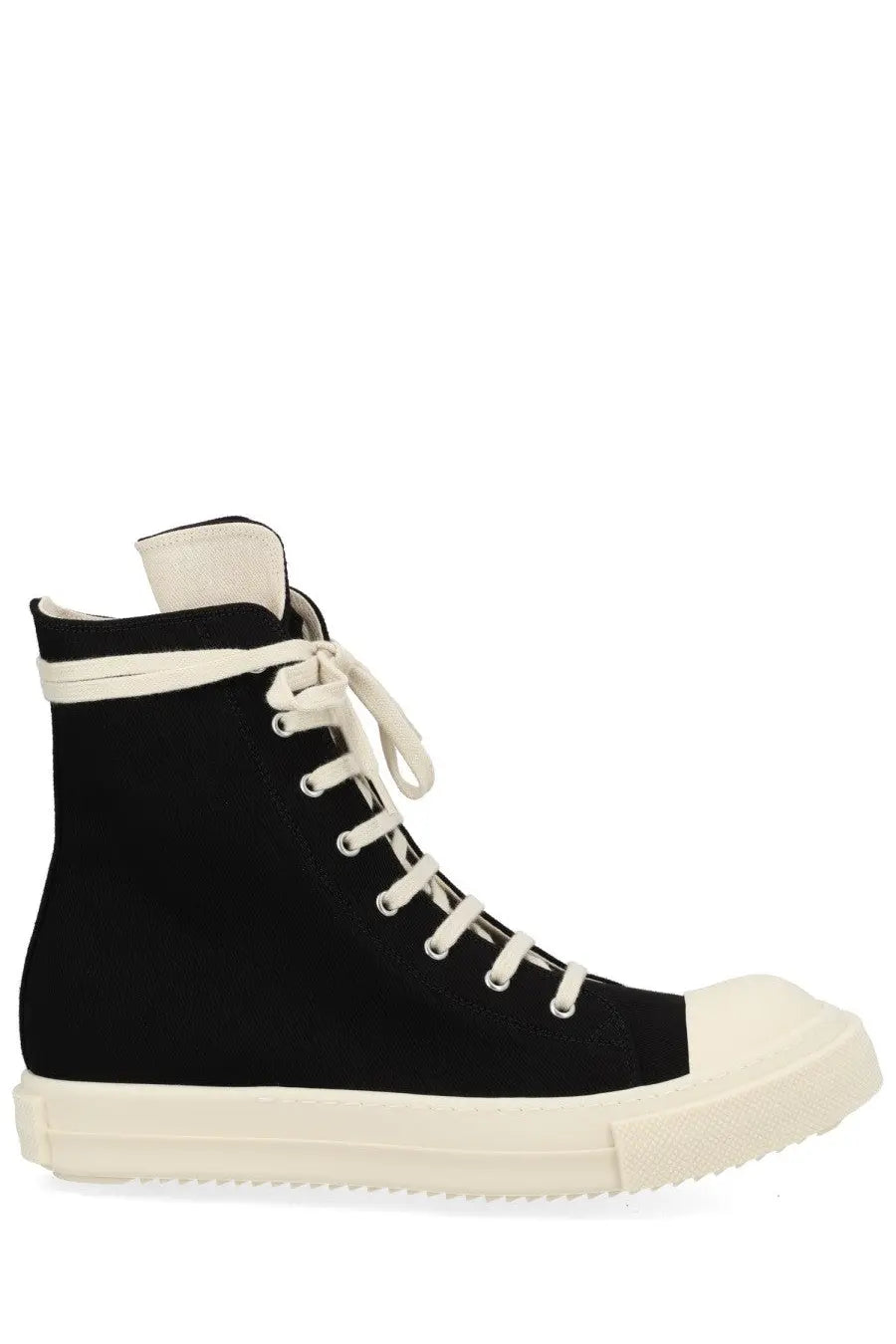 Drkshdw men’s high denim sneaker black with cream-colored laces, rubber toe cap, and sole in black high-top design