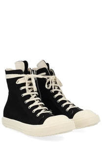 Drkshdw men’s high denim sneaker black with cream laces rubber toe caps and matching sole in black denim