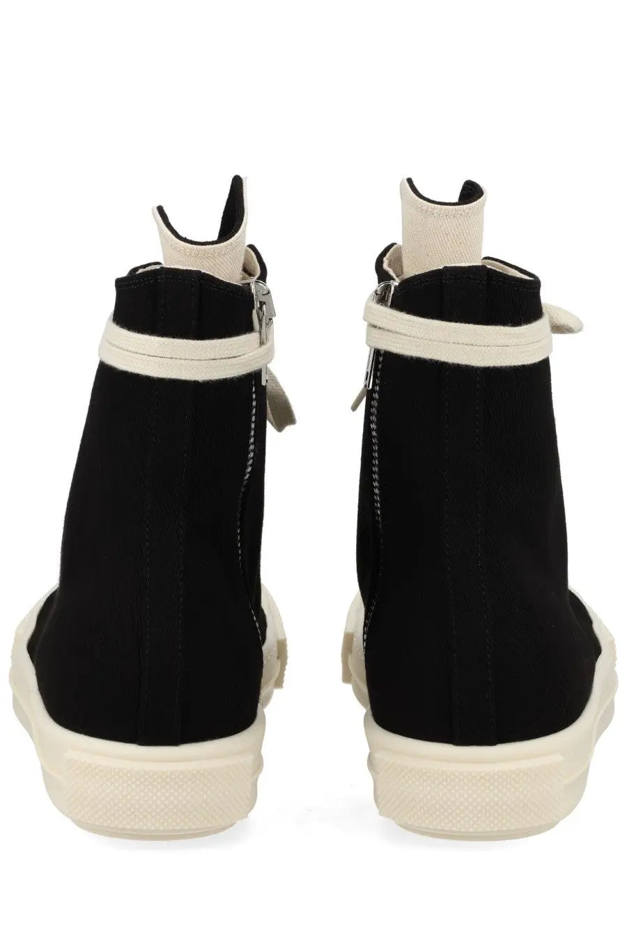Drkshdw men’s high denim sneaker black with cream soles and zipper closures in black high-top design