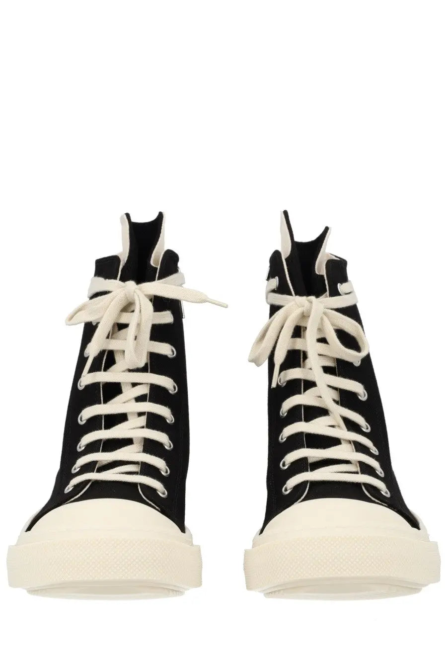 Drkshdw men’s high denim sneaker black with black high-top canvas upper white laces and cream rubber sole