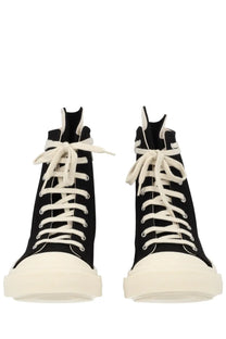 Drkshdw men’s black high top denim sneakers with white laces and cream rubber sole