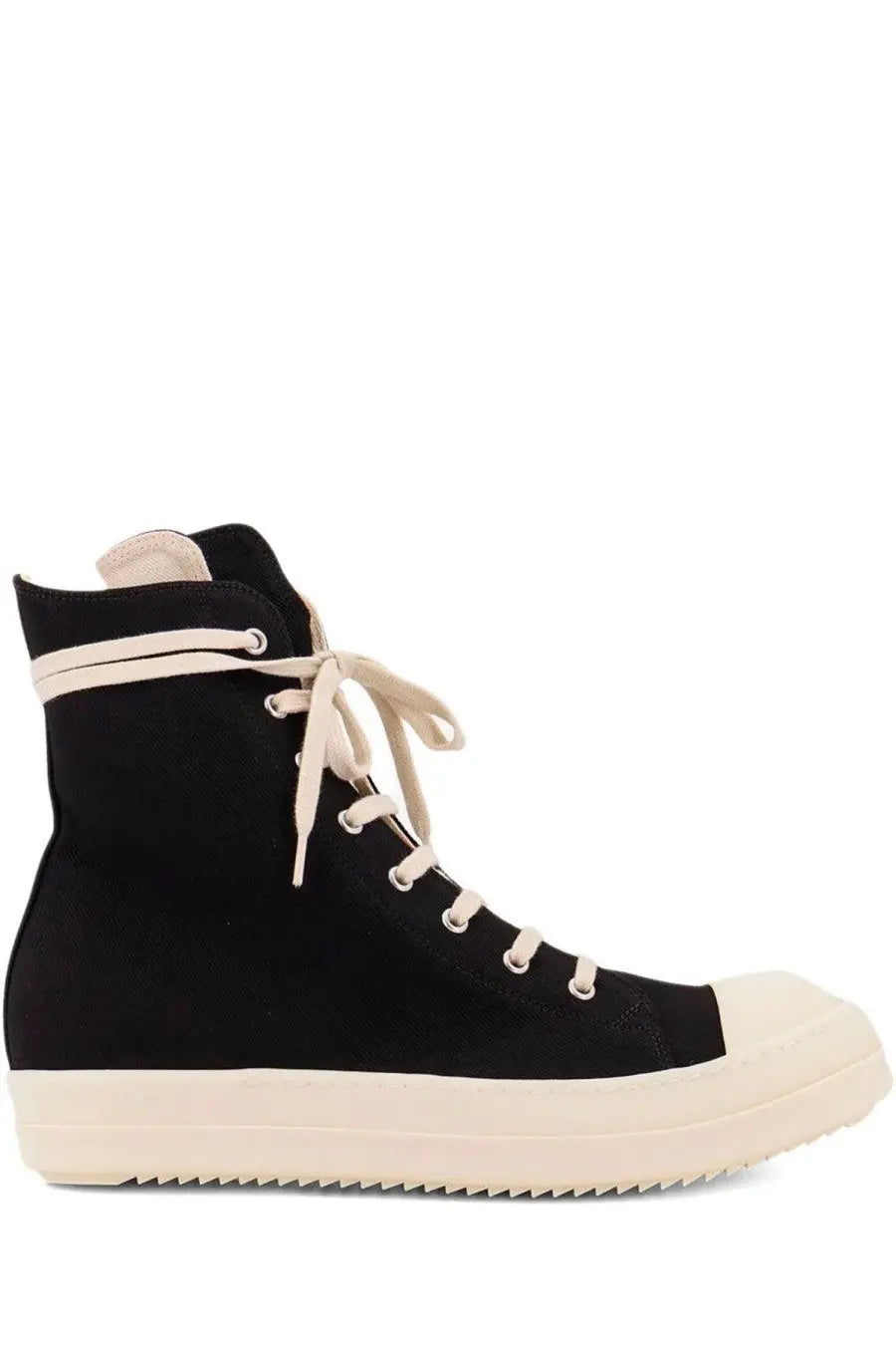 Drkshdw men’s hollywood sneaks black high-top canvas sneaker with cream laces rubber toe cap and thick sole