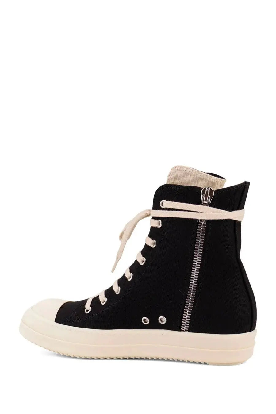 Drkshdw men’s hollywood sneaks black high-top sneaker with cream laces zipper side and matching rubber sole