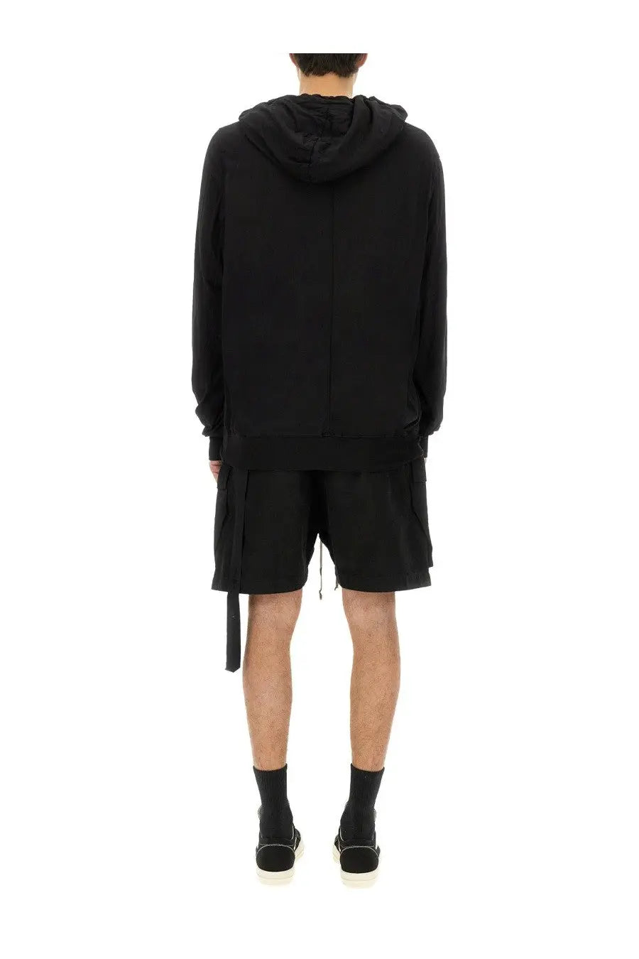 Drkshdw men’s black hoodie with long sleeves ribbed cuffs side pockets and relaxed fit in soft fabric