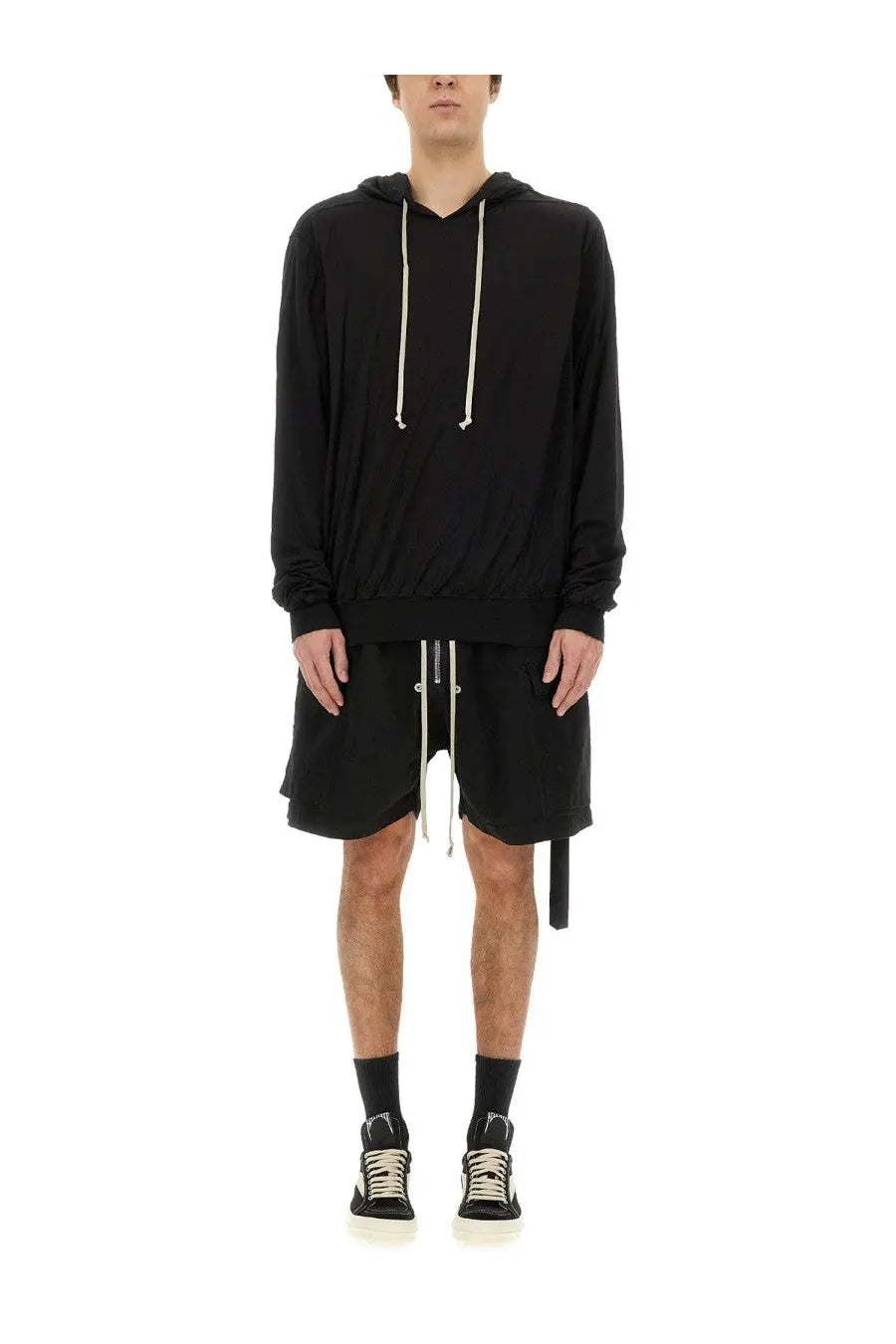 Drkshdw men’s black long-sleeved hoodie with white drawstrings and relaxed oversized fit made from soft fabric