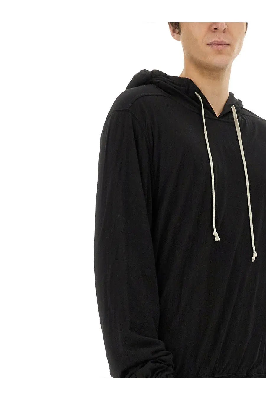 Drkshdw men’s black long-sleeved hoodie with white drawstrings for casual and streetwear style