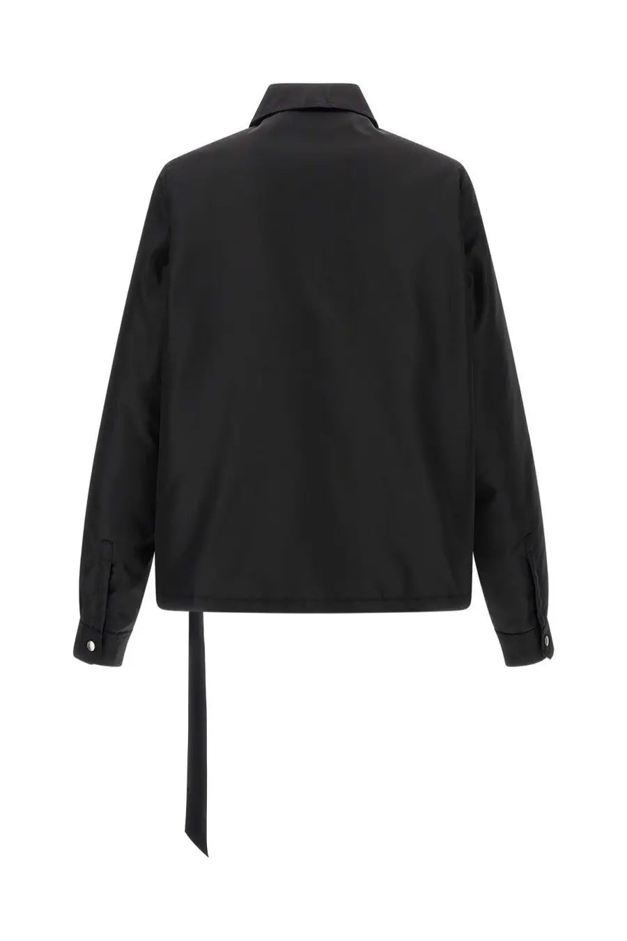 Drkshdw men’s black utility jacket back view with sleek minimalist design and distinctive tie down strap