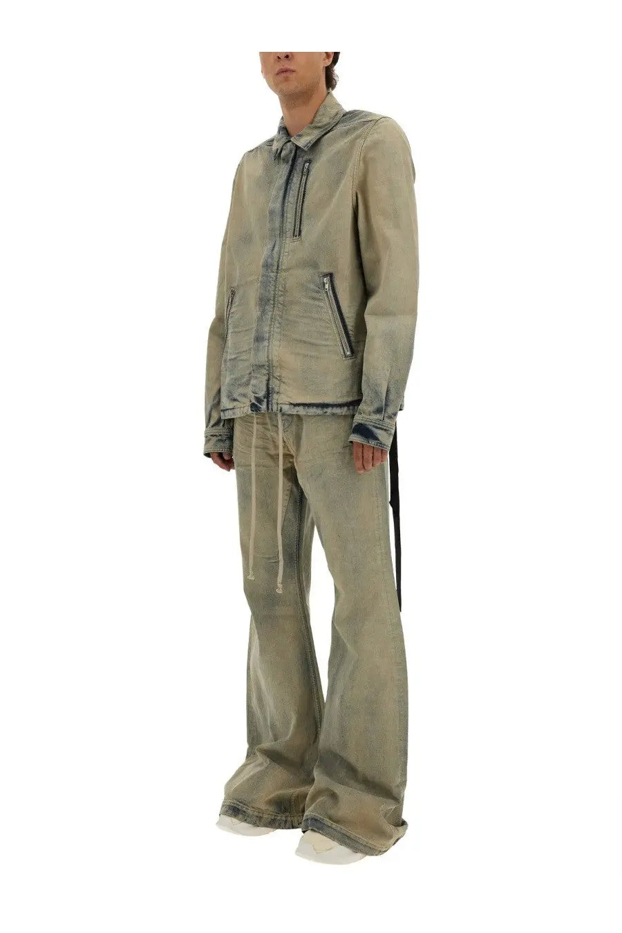 Drkshdw men’s olive green distressed denim jacket with faded wash and black zipper accents