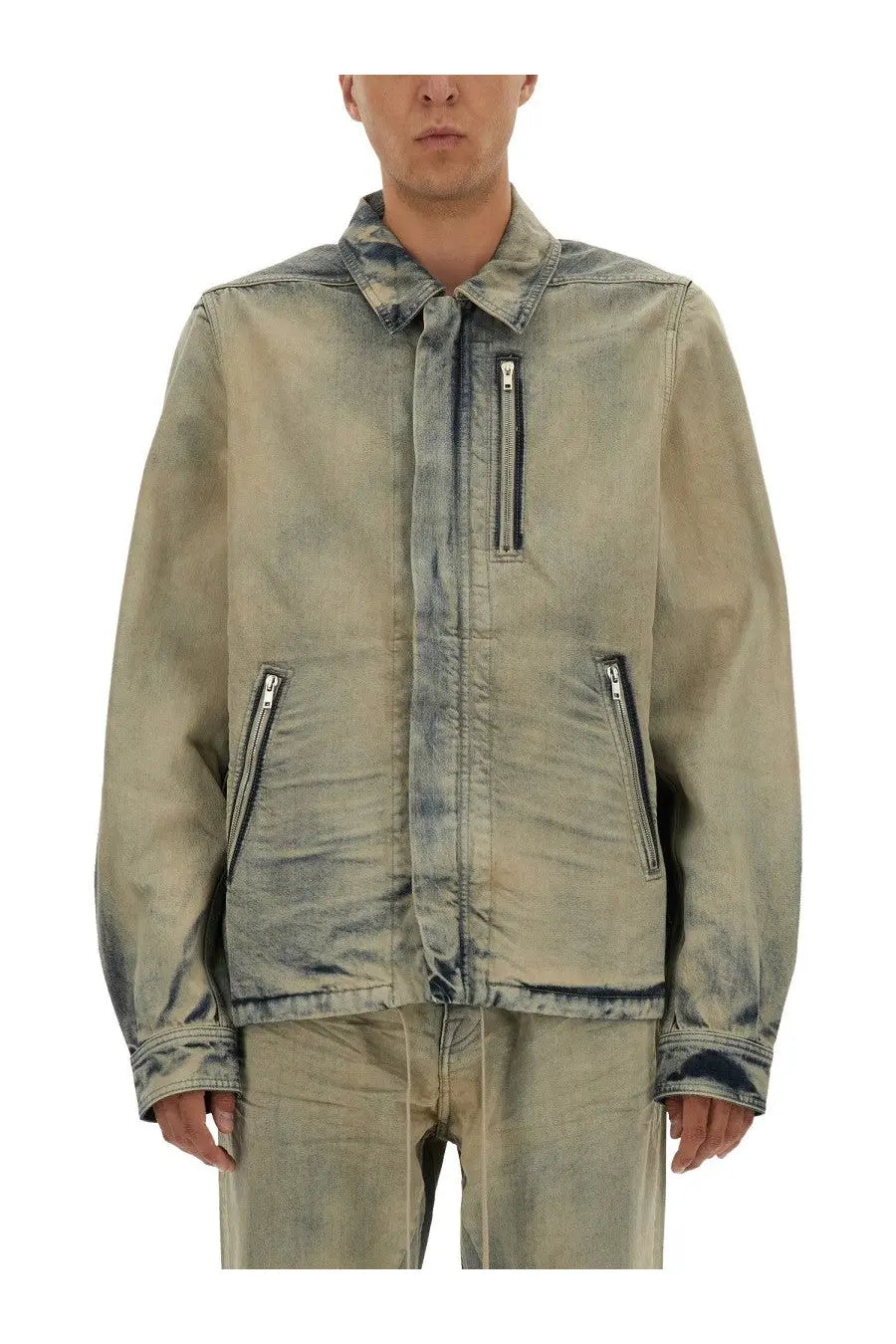 Drkshdw men’s blue faded acid wash denim jacket with classic collar and front zipper closure