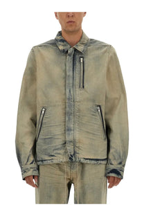 Drkshdw men’s blue faded acid wash denim jacket with classic collar and front zipper closure