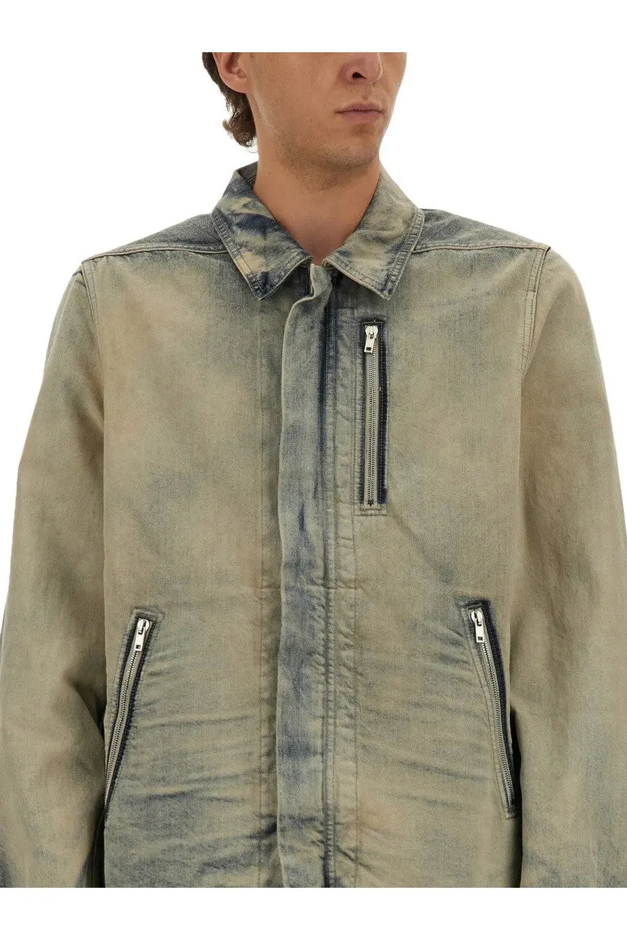 Drkshdw men’s faded blue denim jacket with distressed finish collar and front zipper closure