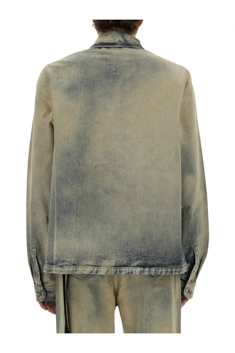 Drkshdw men’s blue denim jacket with a faded distressed gray and beige washed out colorway
