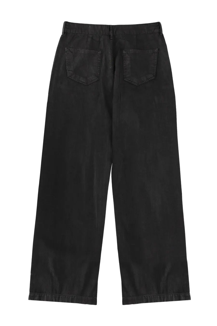 Black wide-leg denim pants with relaxed fit and classic back pockets shown from the back drkshdw men’s jeans geth black