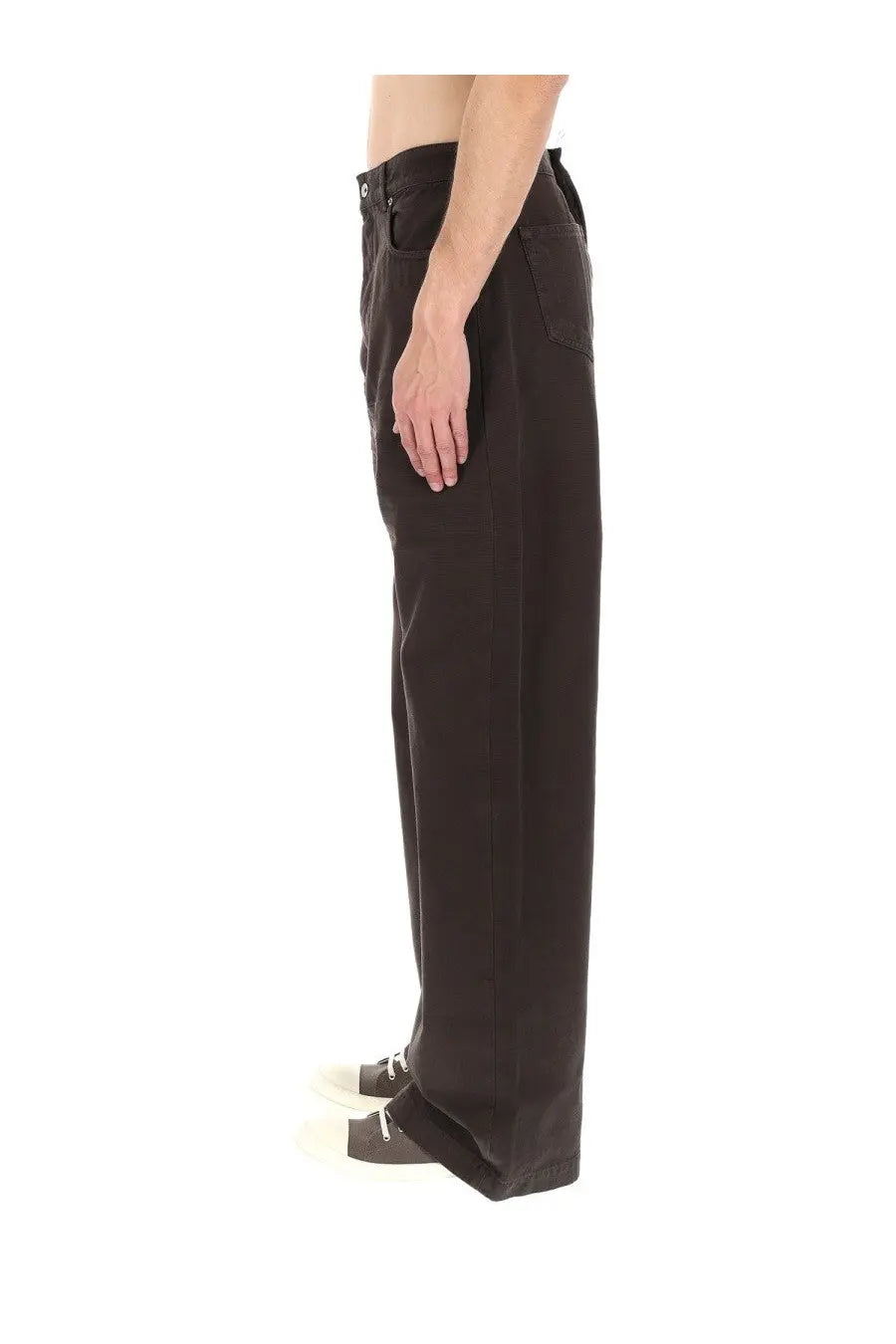 Dark brown straight-leg denim trousers with classic five-pocket design and button closure from drkshdw men’s jeans