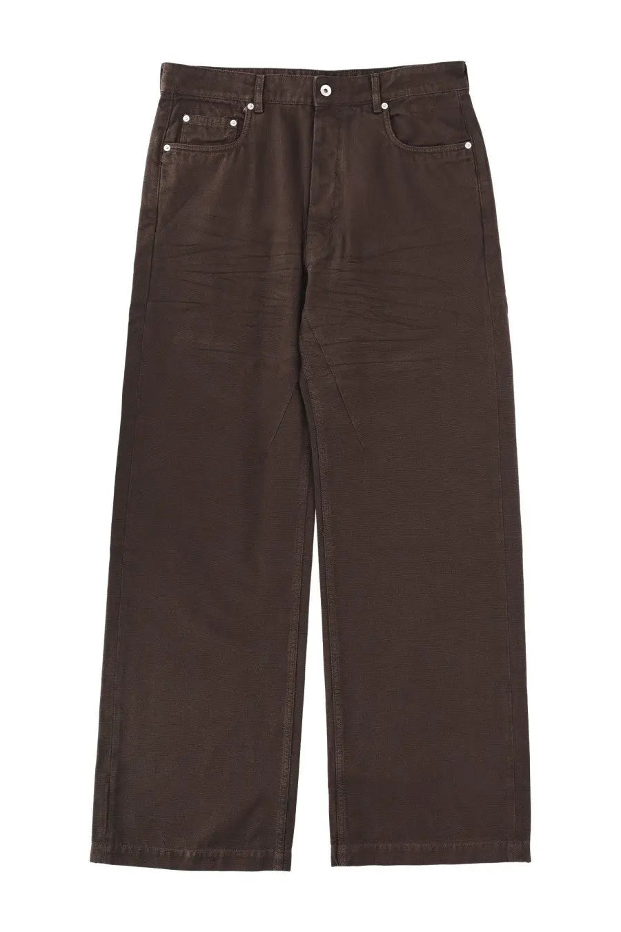 Dark brown wide-leg denim pants with silver-toned button and rivet details from drkshdw men’s jeans geth brown collection