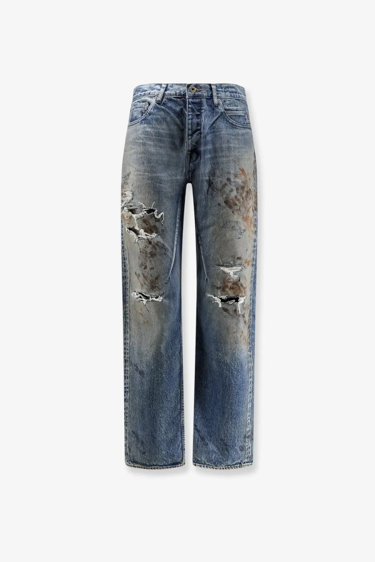 Distressed blue denim jeans with intentional rips and faded patches from DRKSHDW men’s vintage wash collection