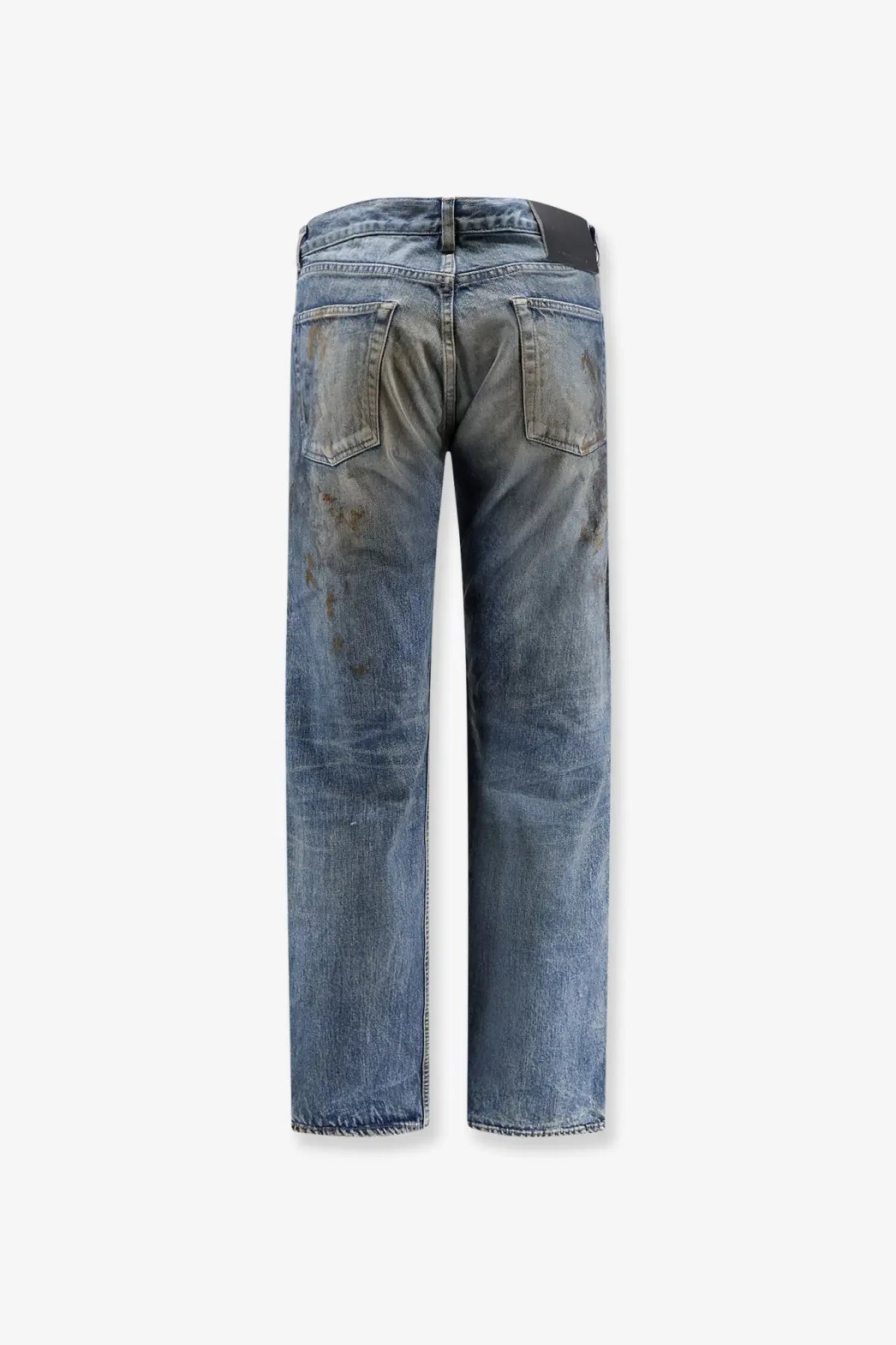 Back side of drkshdw men’s washed blue denim jeans with faded distressing and subtle brown stains on pockets