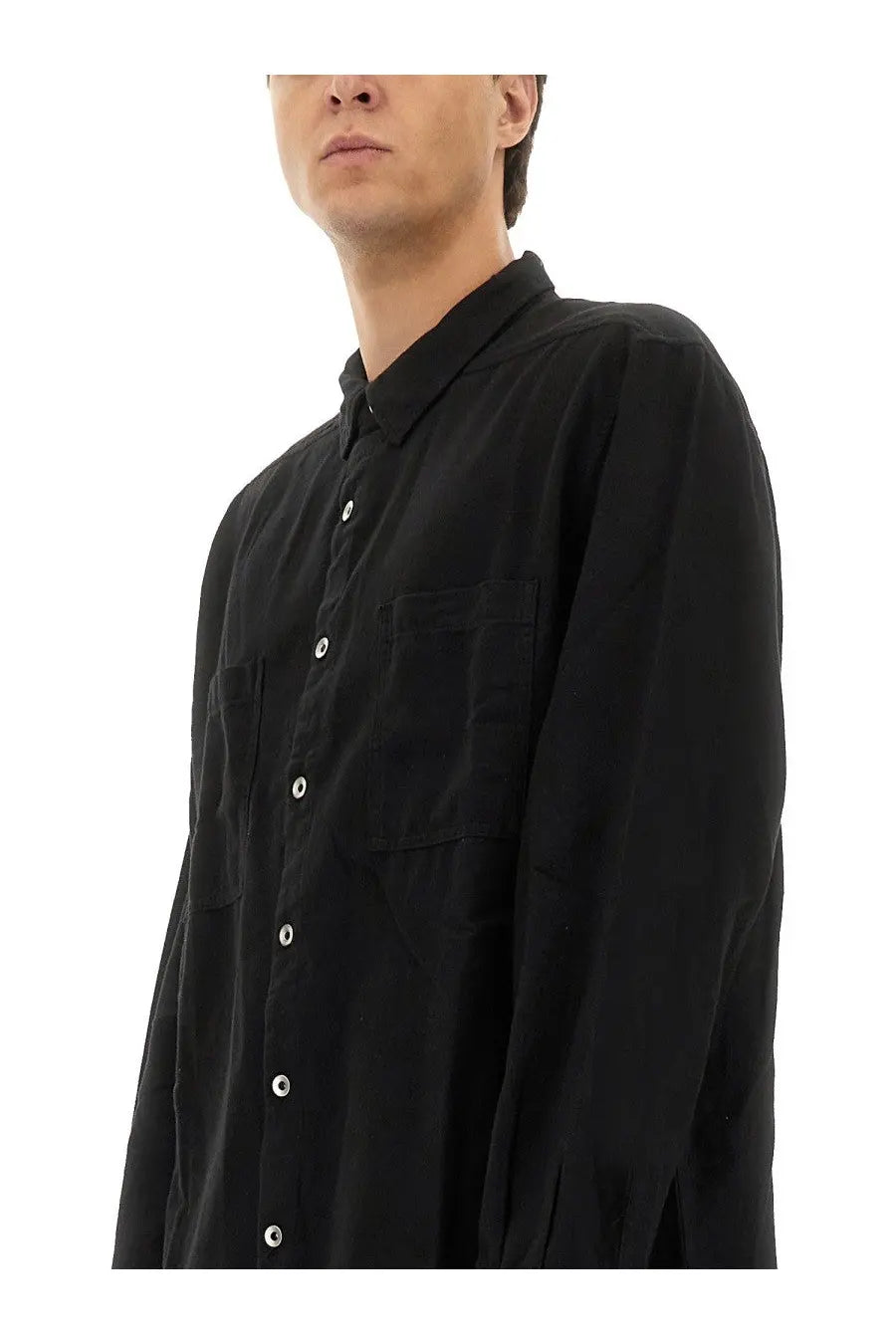 Drkshdw men’s jumbo outershirt black long-sleeved button-up shirt with chest pocket and white buttons