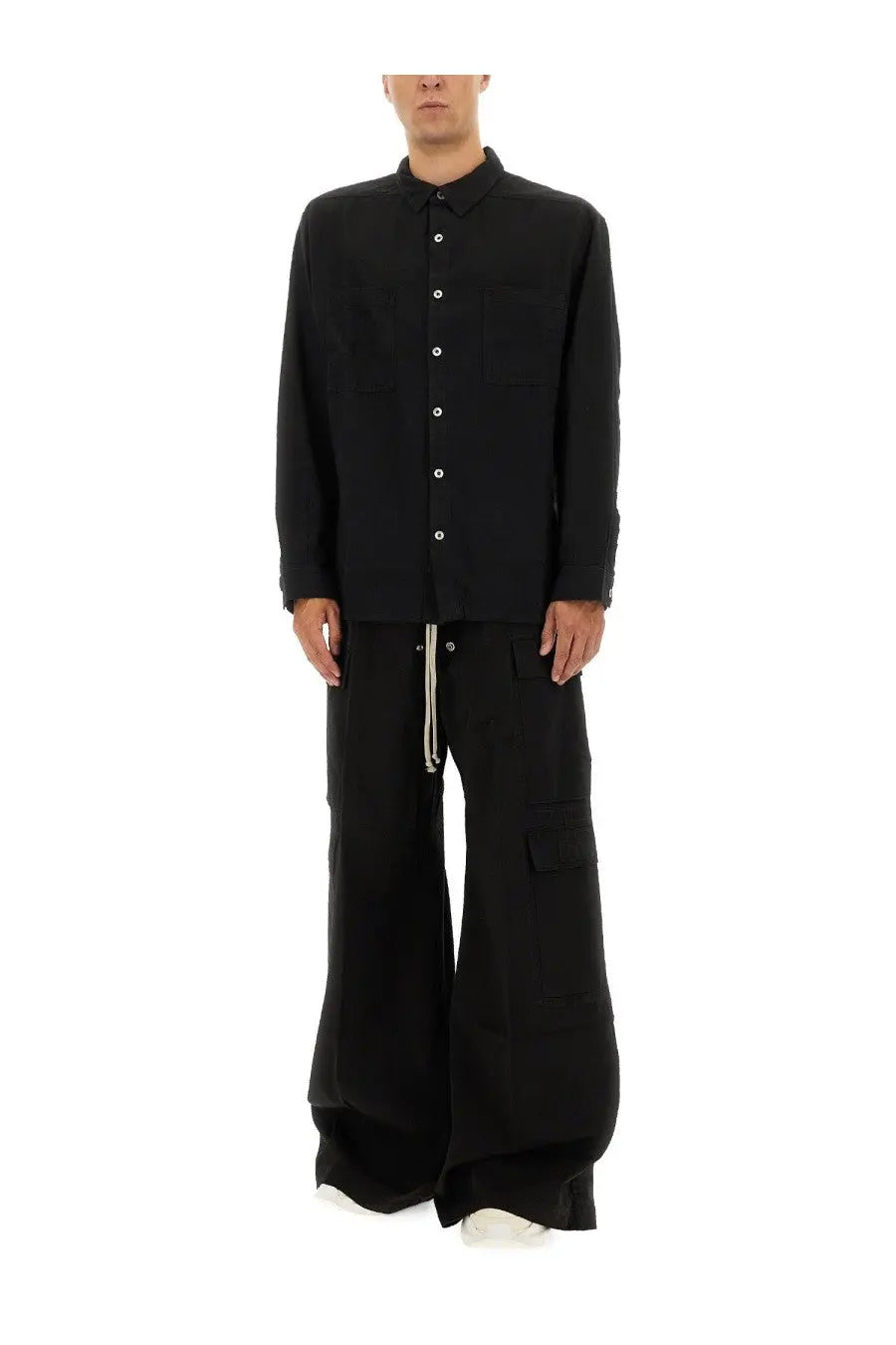 Drkshdw men’s jumbo outershirt black long-sleeved button-up shirt with collar and white buttons