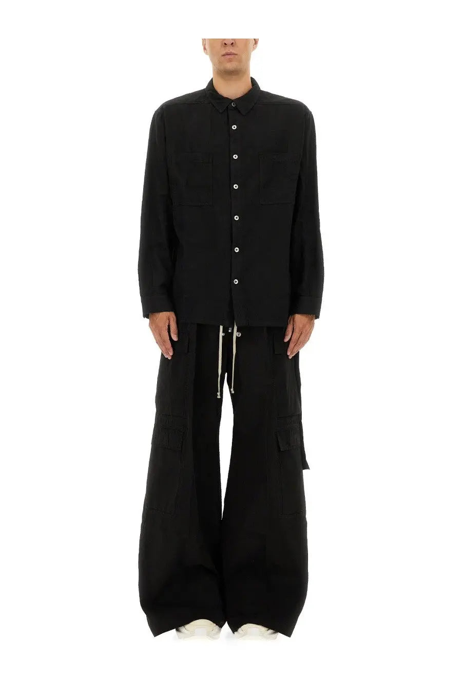 Drkshdw men’s jumbo black long-sleeved button-up shirt with classic collar and white buttons