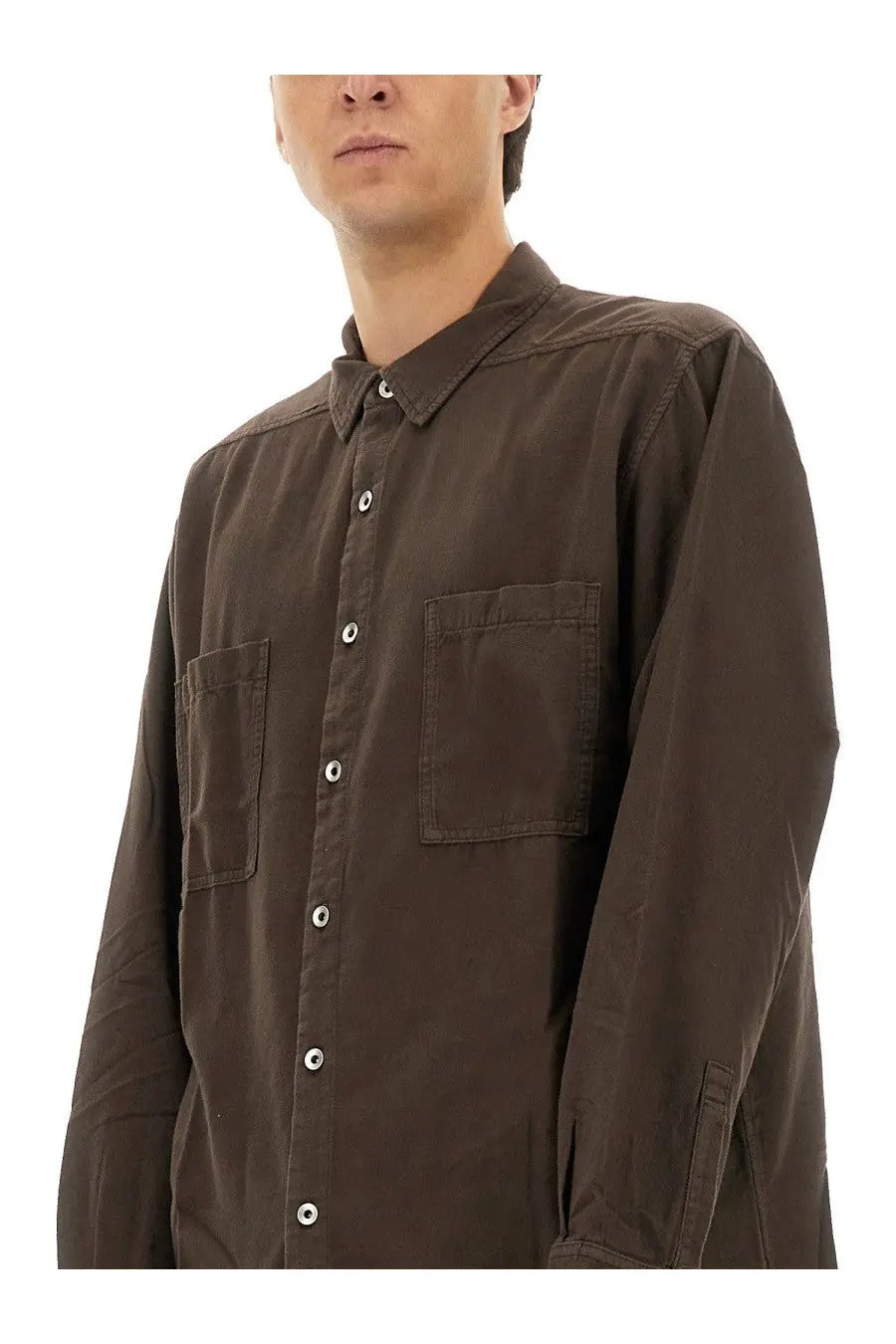 Dark brown drkshdw men’s jumbo outershirt long sleeve button-up shirt with two chest pockets and silver buttons