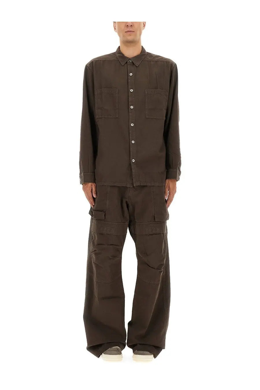Drkshdw men’s jumbo outershirt brown long sleeved button up shirt with two chest pockets and relaxed fit