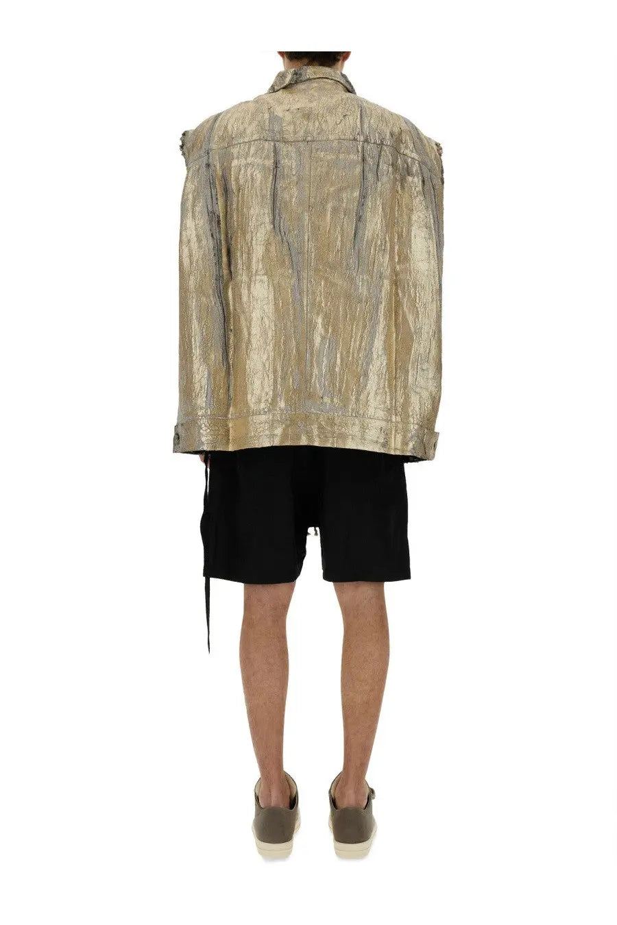 Drkshdw men’s jumbo vest gold metallic gold and silver distressed denim jacket with textured reflective surface