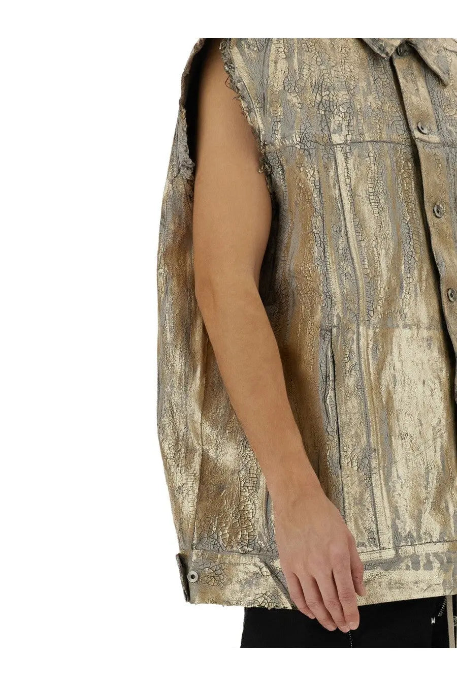 Drkshdw men’s jumbo vest gold metallic gold and silver distressed denim with cracked textured finish