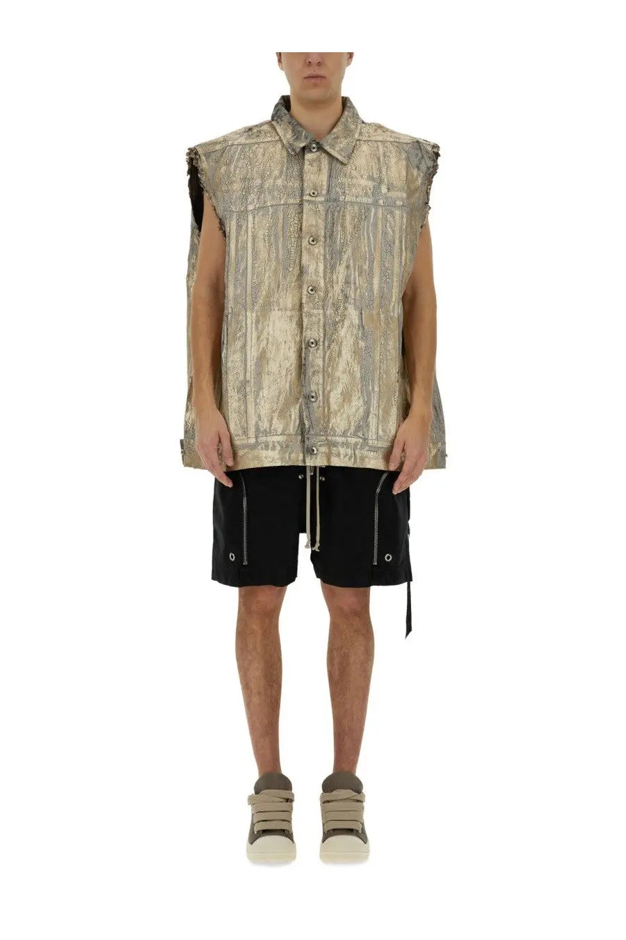 Drkshdw men’s jumbo sleeveless button-up vest in metallic gold and silver with a distressed textured fabric finish