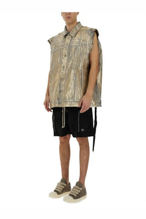Metallic gold sleeveless denim vest with subtle textured pattern and button closure from DRKSHDW men’s jumbo vest gold collection