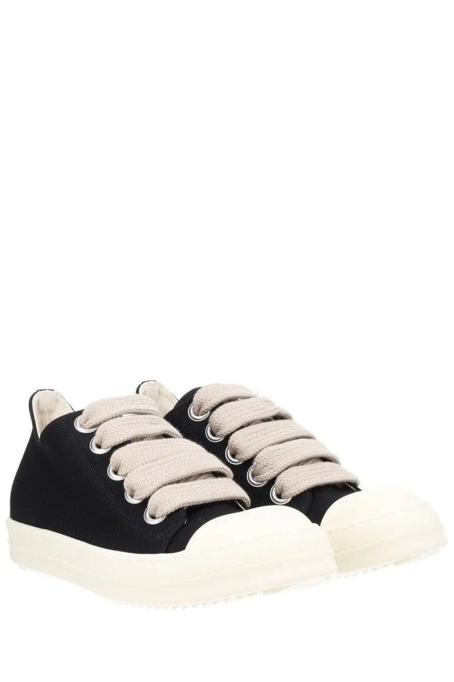 Drkshdw men’s jumbolace low sneaks black canvas high top sneakers with beige laces and white rubber toe cap