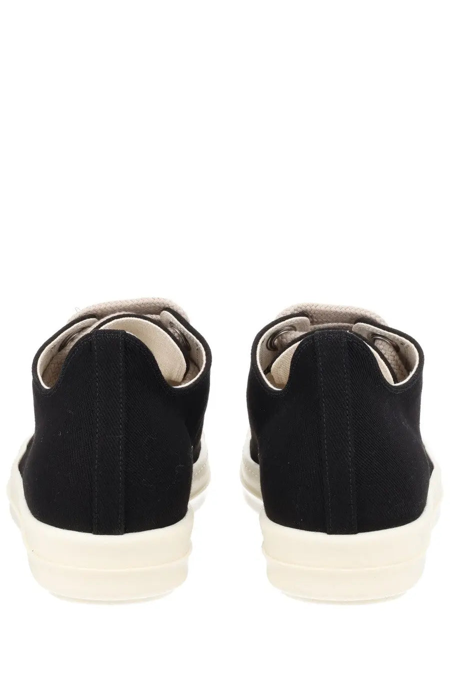 Drkshdw men’s jumbolace low sneaks black canvas sneakers with thick off-white rubber sole and beige interior lining