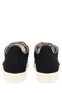 Drkshdw men’s jumbolace low sneaks black canvas sneakers with thick off-white rubber sole and beige interior lining